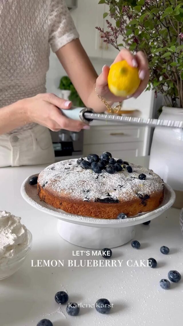 On Sunday’s I love to bake!🤍 This lemon blueberry cake is so fresh, flavourful, moist and delicious and makes the perfect dessert or coffee companion! 🍋The combo of almond milk, lemon juice and zest mimics a tangy buttermilk which literally makes the cake. You could make a lemon glaze or fresh whip cream, or just a dust of powder sugar is perfection with it! 

I hope today is restful and rejuvenating for you, exactly how a Sunday is supposed to be! 

Enjoy! 
Xx
Karlene 

Lemon Blueberry Cake
Prep Time: 10 min Cook Time: 60 min Servings: 8
Ingredients:
• 1⁄2 cup unsweetened almond milk
• 1 tablespoon grated lemon zest
• 2 tablespoons fresh lemon juice
• 2 cups + 1 teaspoon all-purpose flour,
• 1⁄4 teaspoon baking soda
• 1⁄4 teaspoon sea salt
• 1 cup fresh blueberries
• 1 stick (about 1⁄2 cup) unsalted butter - softened
• 1/1/4 cup sugar 
• 2 large eggs 
Direction:
1. Preheattheovento350°F.Spraya9x5- or round cake pan spray with non-stick cooking spray. Line the bottom of the pan with parchment paper. Set aside.
2. In a small bowl whisk together almond milk, lemon zest and juice. Let sit for at least 10 minutes (it will curdle).
3. In a med bowl whisk flour, baking soda, and salt. In a small bowl, toss the blueberries with the remaining teaspoon of flour. Set both aside.
4. In bowl of electric mixer fitted with paddle attachment,,cream the butter and sugar on medium speed until light and fluffy, 2 to 3 minutes.
5. Scrape down sides of the bowl, beat in eggs one at a time, beating well after each addition. Scrape down the sides of the bowl again. With the mixer on low speed, beat in a third of the flour mixture, then half of the liquid. 
Beat in another third of the flour mixture, then the
 remaining milk mixture, followed by the remaining flour mixture, scraping the bowl as necessary. Add the flour-dusted blueberries to the batter and, using a spatula, fold until evenly combined.
6. Transfer batter into prepared pan and smooth top. 
7. Bake for 50 to 60 min until the cake is golden brown and toothpick comes out clean. Let the cake cool in the pan for about 10 minutes, then serve